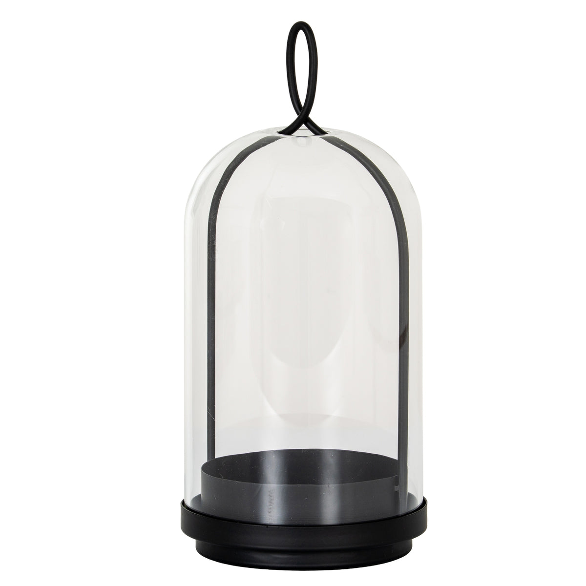 Full view of the black Archloop candle holder with a stepped round base, deep candle cup and arched frame beneath a clear bell-shaped cloche.