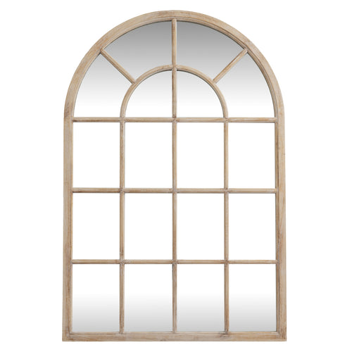 Front view of a tall arched wall mirror with a pale washed frame, four columns of rectangular sections and radiating bars around a smaller inner arch.