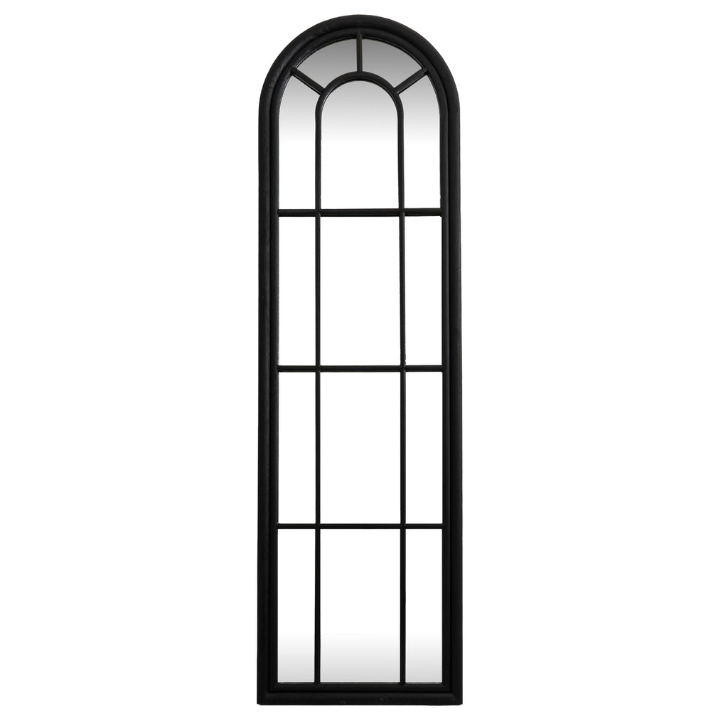 Front view of a tall black arched wall mirror with three columns, horizontal crossbars and a smaller inner arch.