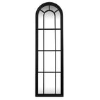 Front view of a tall black arched wall mirror with three columns, horizontal crossbars and a smaller inner arch.