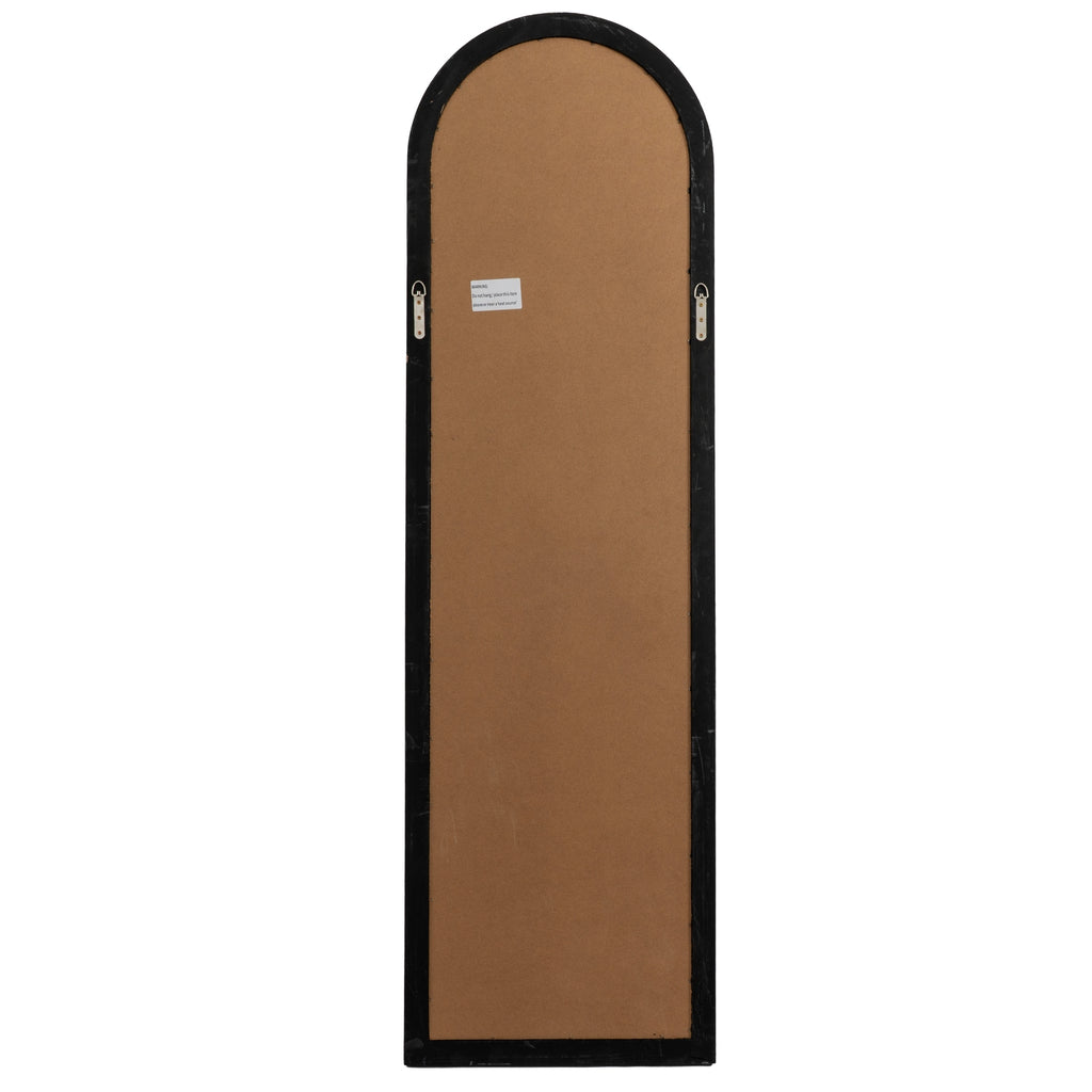 Rear view of the arched mirror showing a brown backing panel, black border, two hanging loops and a small warning label.