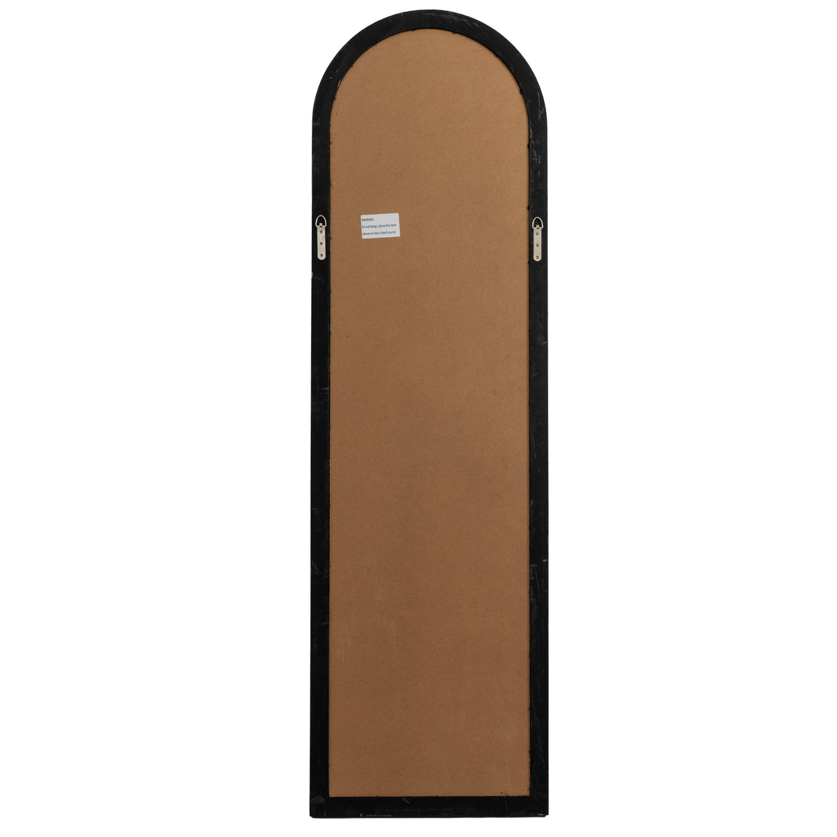 Rear view of the arched mirror showing a brown backing panel, black border, two hanging loops and a small warning label.
