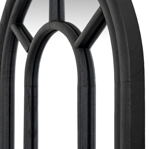 Angled close-up of the mirror's inner arch and diagonal bars, showing grain-like texture on the black surfaces.