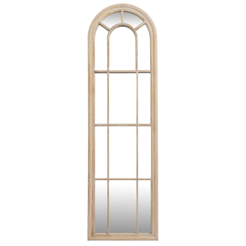 Front view of a tall, narrow wall mirror with a pale washed frame, rounded top, smaller inner arch and three-column grid.