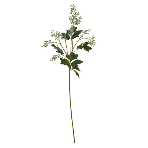 Full artificial botanical spray on white, with a long green stem, arcing bud branches and dark lobed leaves.