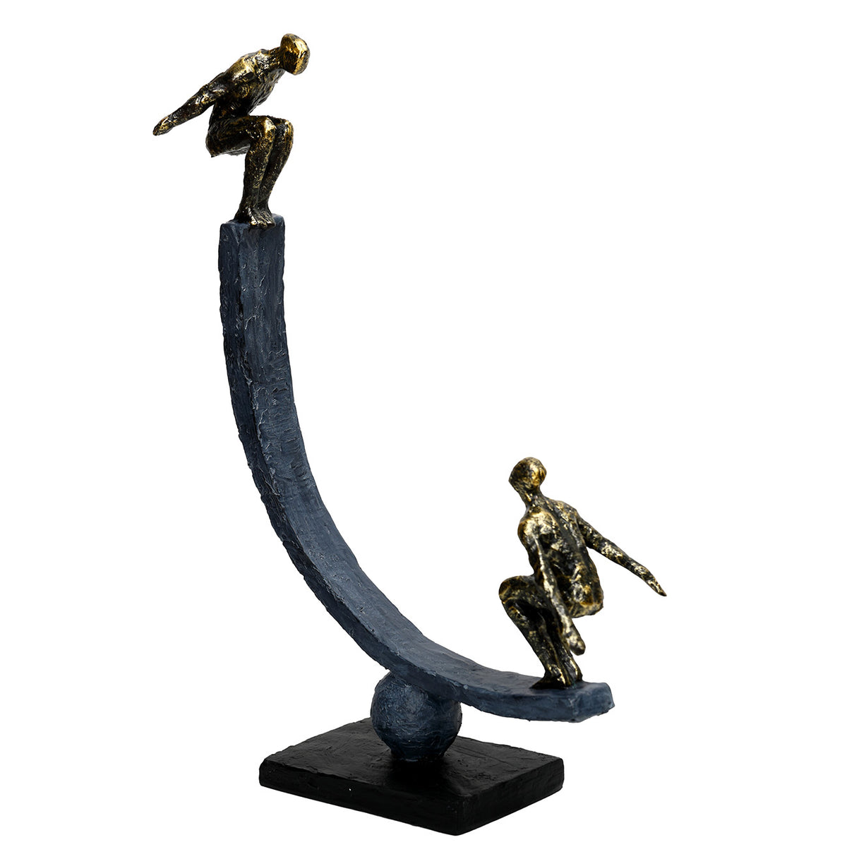 Angled view of the sculpture with the upper figure on the left, showing the depth of the curved arc and rectangular base.