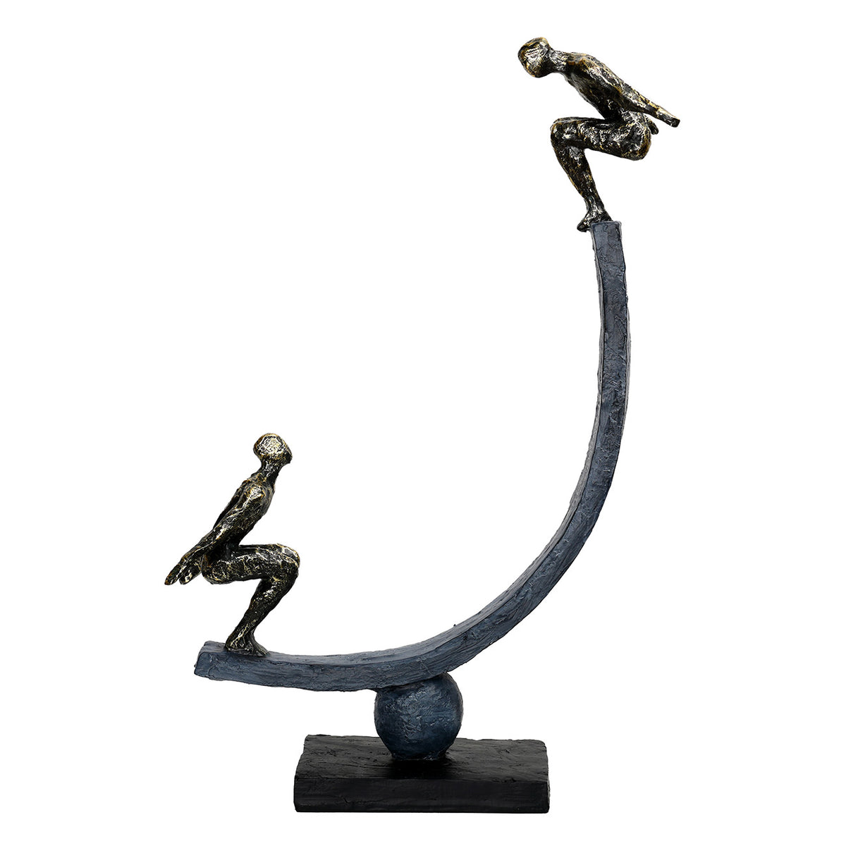 Ascension Sculpture with the upper figure on the right and lower figure on the left, on a dark curved arc above a sphere and plinth.
