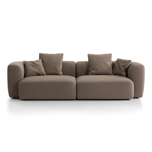 Front view of the warm truffle sofa with two broad seats, rounded arms and four loose cushions.