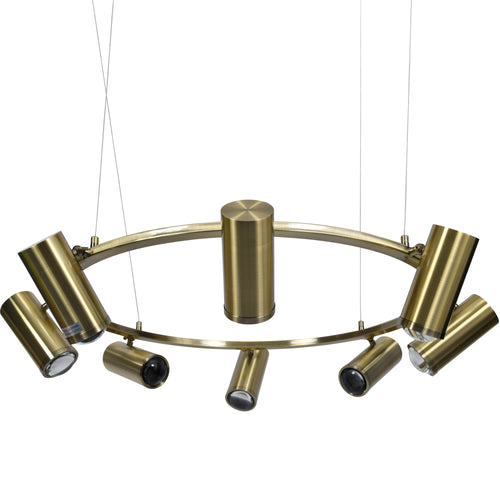 Angled view of the Aster pendant with eight brass-toned cylindrical spotlights around an open ring.