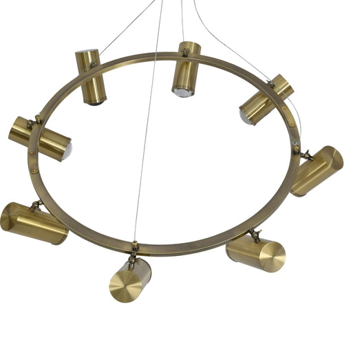 View from above showing the circular band, eight spotlight heads and slender suspension wires.