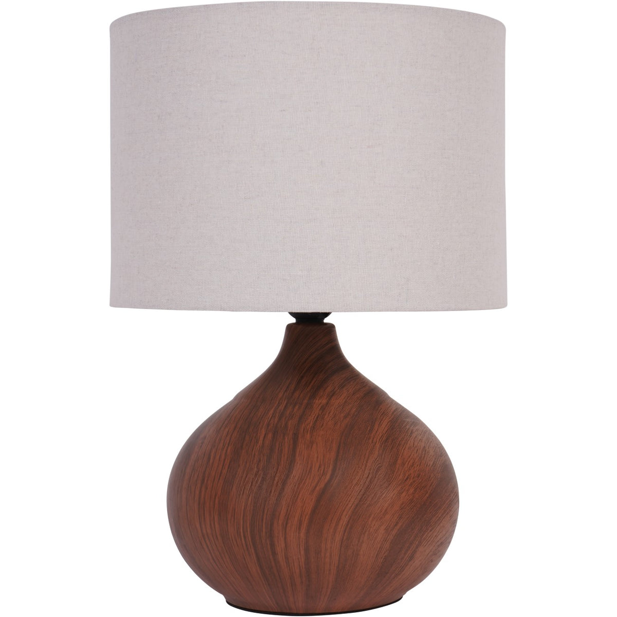 Front view of Aster Table Lamp with a rounded reddish-brown wood-effect base and wide natural white cylindrical shade.