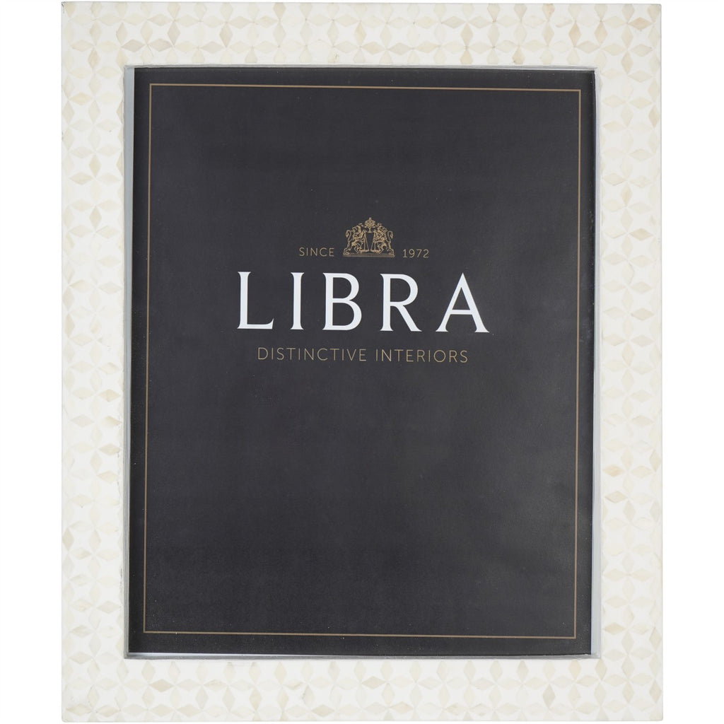 Straight-on portrait view of the photo frame, showing the cream and white patterned border around a black display insert.
