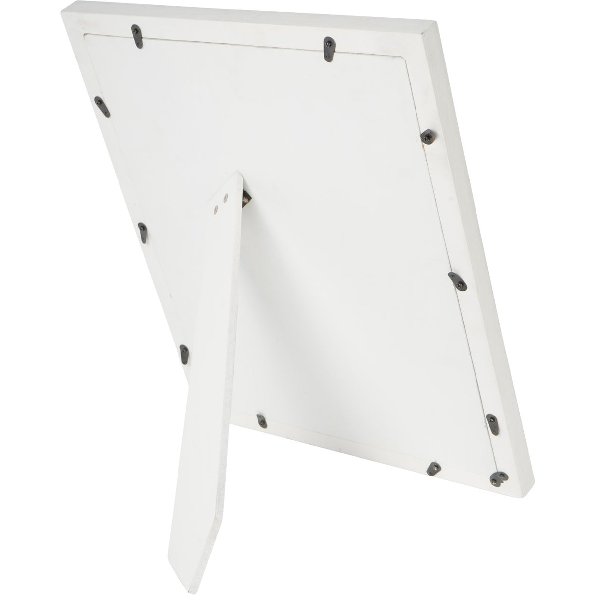 Rear view of the white photo frame with its support stand extended and dark retaining tabs around the back panel.