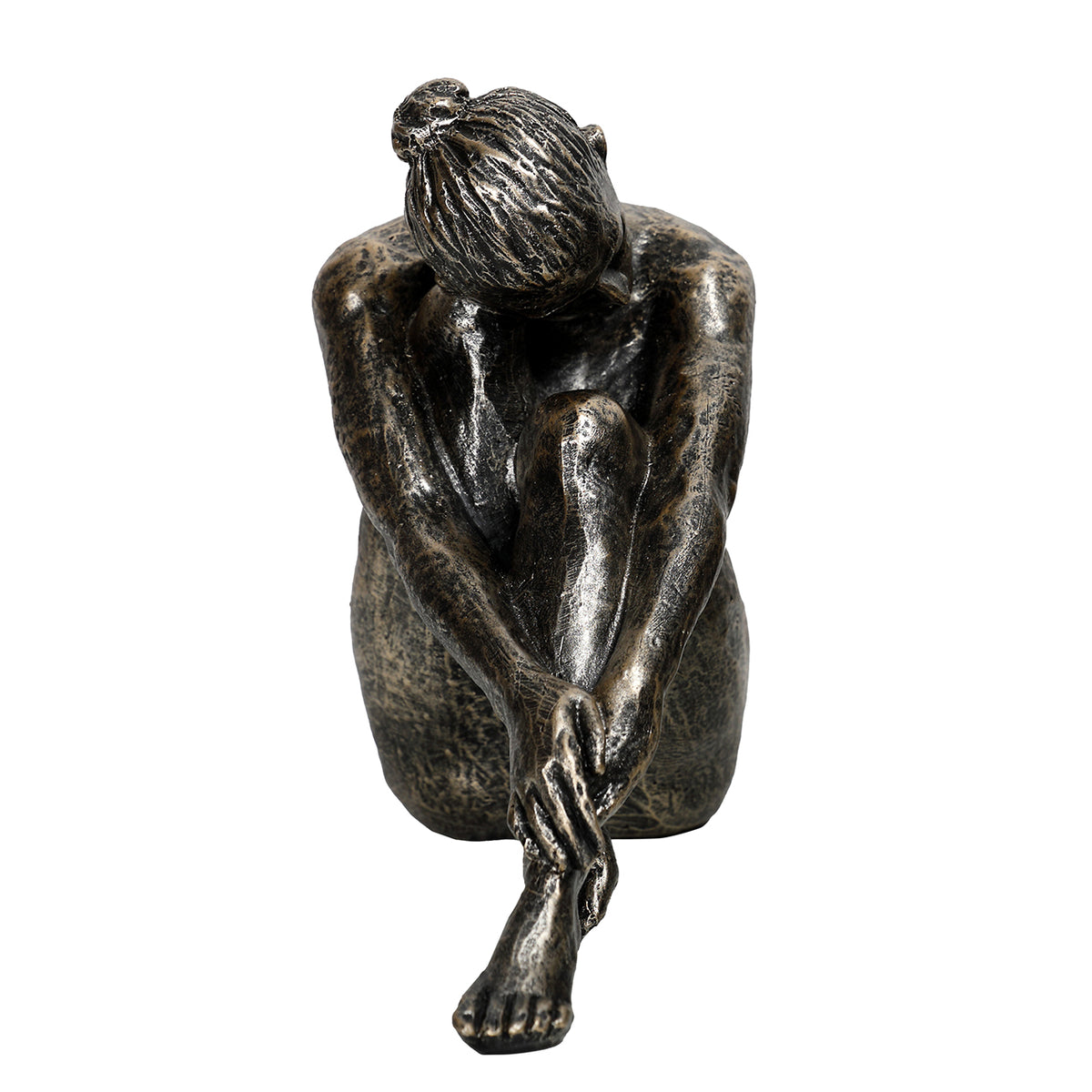 Front view of the seated figure with hands resting across the shin, head tilted down and hair gathered in a small knot.
