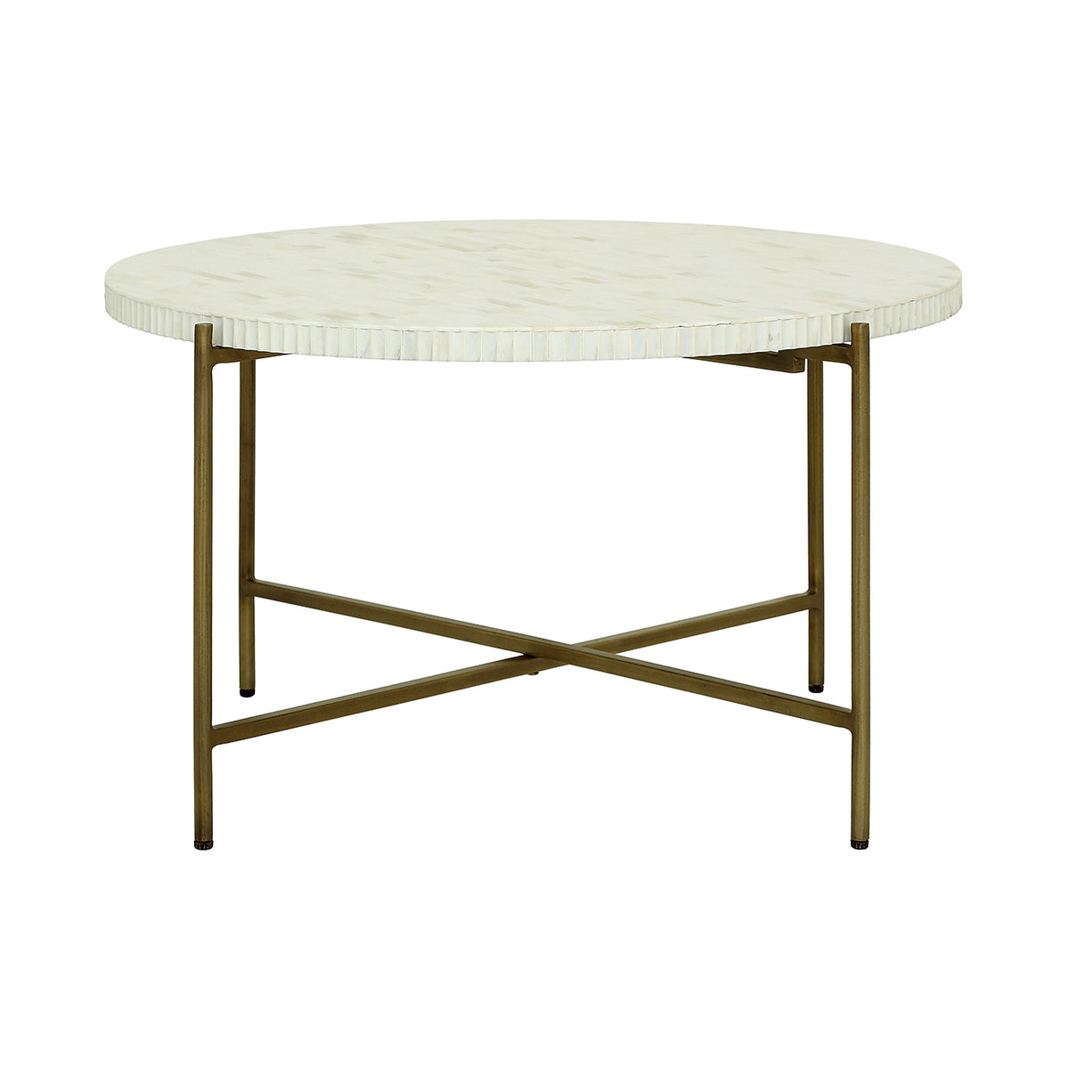 Low view of the round coffee table showing the segmented tabletop edge, four slender legs and low X-shaped rails.