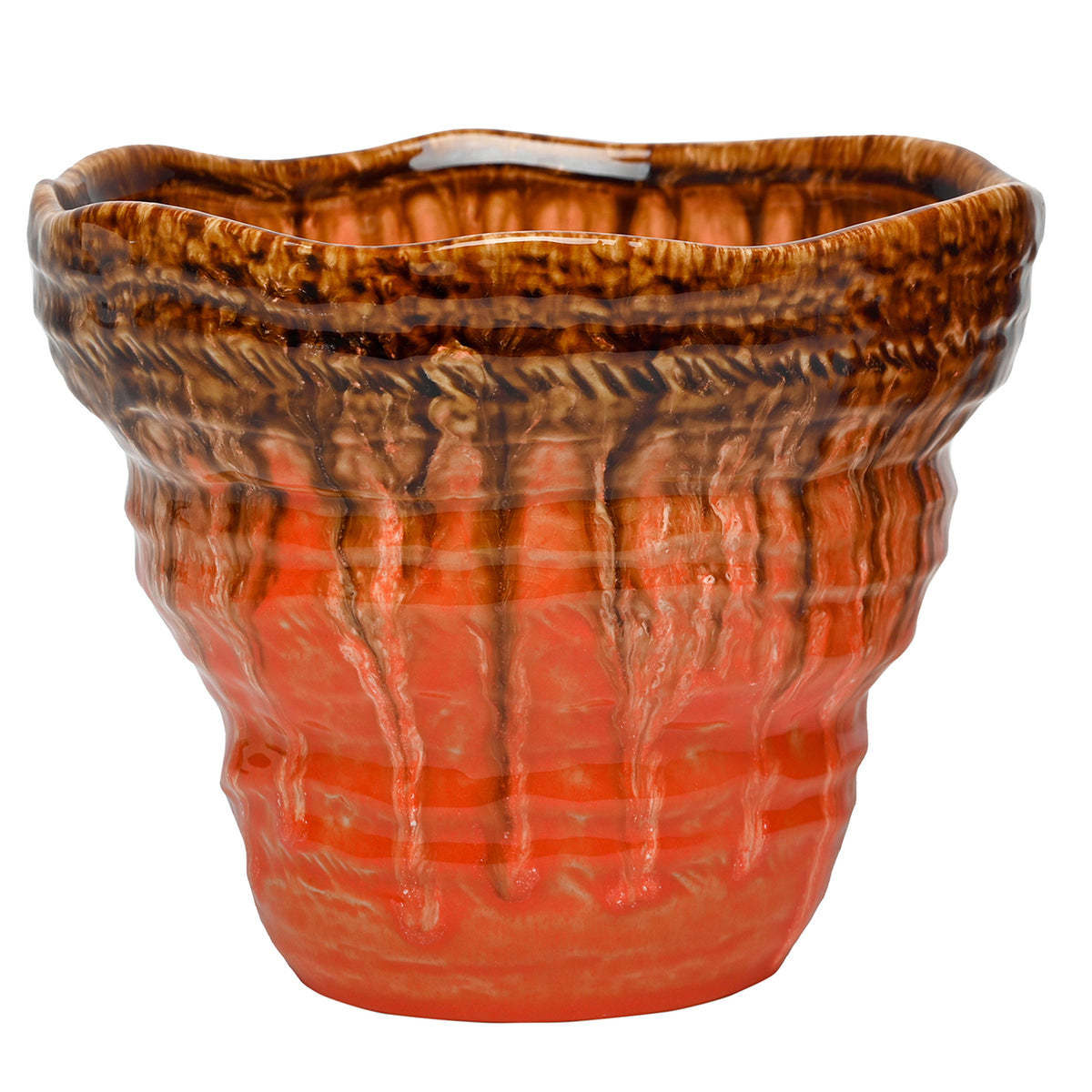 Front view of the small Aubade planter with a flared wavy rim and dark amber glaze trails over its ribbed coral-orange body.