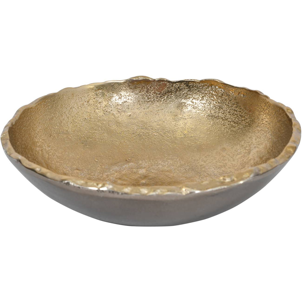 Aureole Bowl viewed at an angle, showing its textured gold-coloured interior, uneven rim and dark bronze-coloured curved sides.