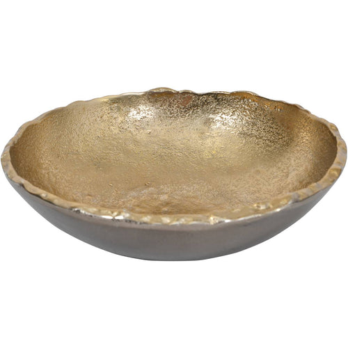 Aureole Bowl viewed at an angle, showing its textured gold-coloured interior, uneven rim and dark bronze-coloured curved sides.