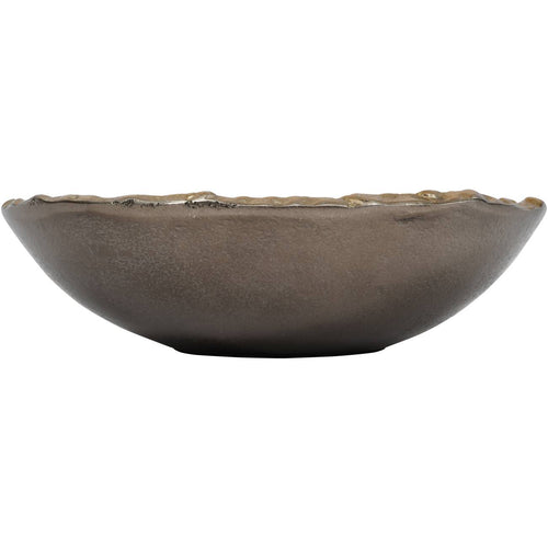 Side view of the shallow bowl showing the dark bronze-coloured exterior, narrow flat foot and undulating gold-coloured lip.