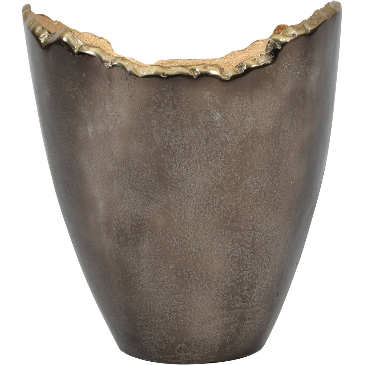 Front view of the large Aureole vase, showing its tapered dark bronze body and irregular pale gold rim.
