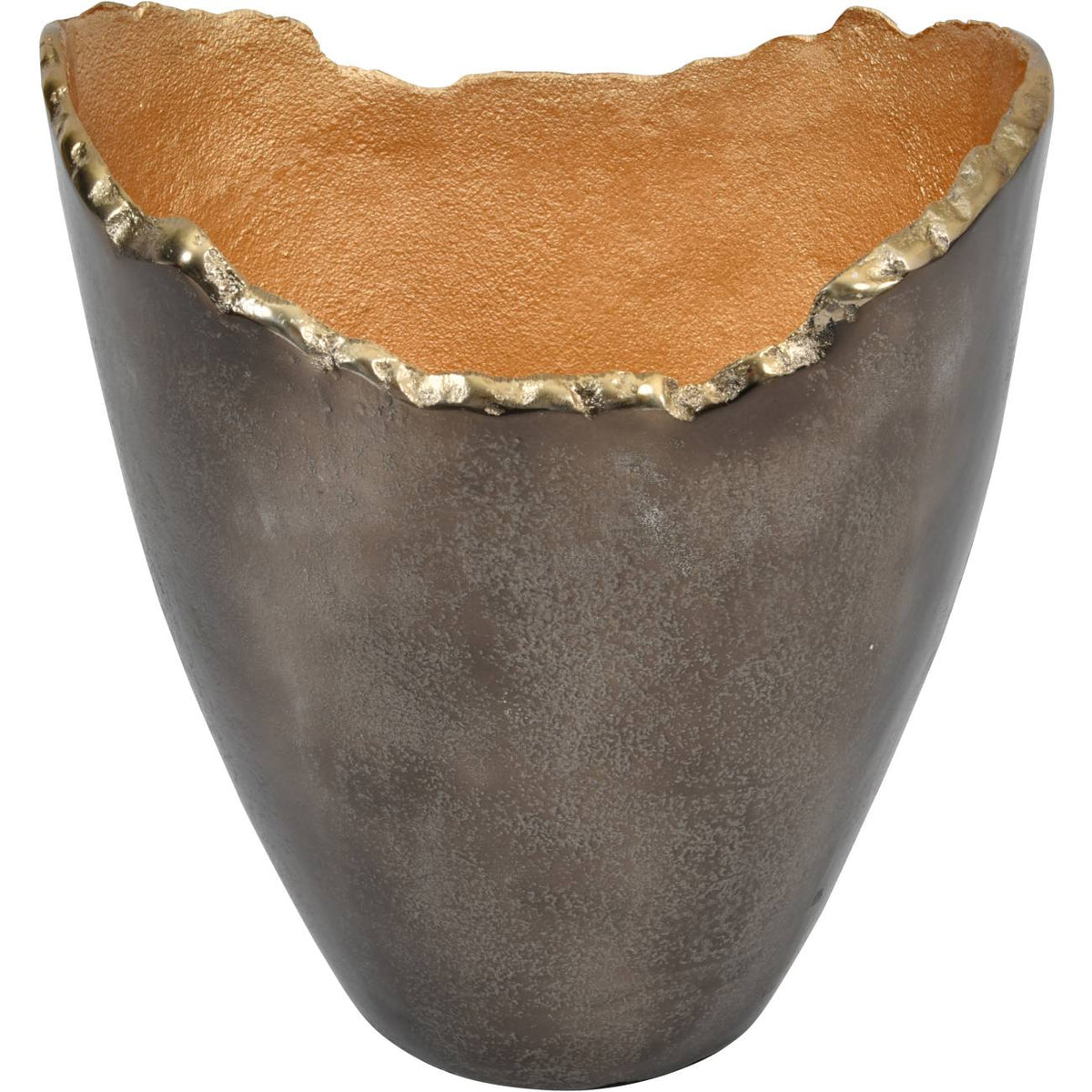 Elevated view of the vase showing the broad opening, raised sides and textured gold interior.