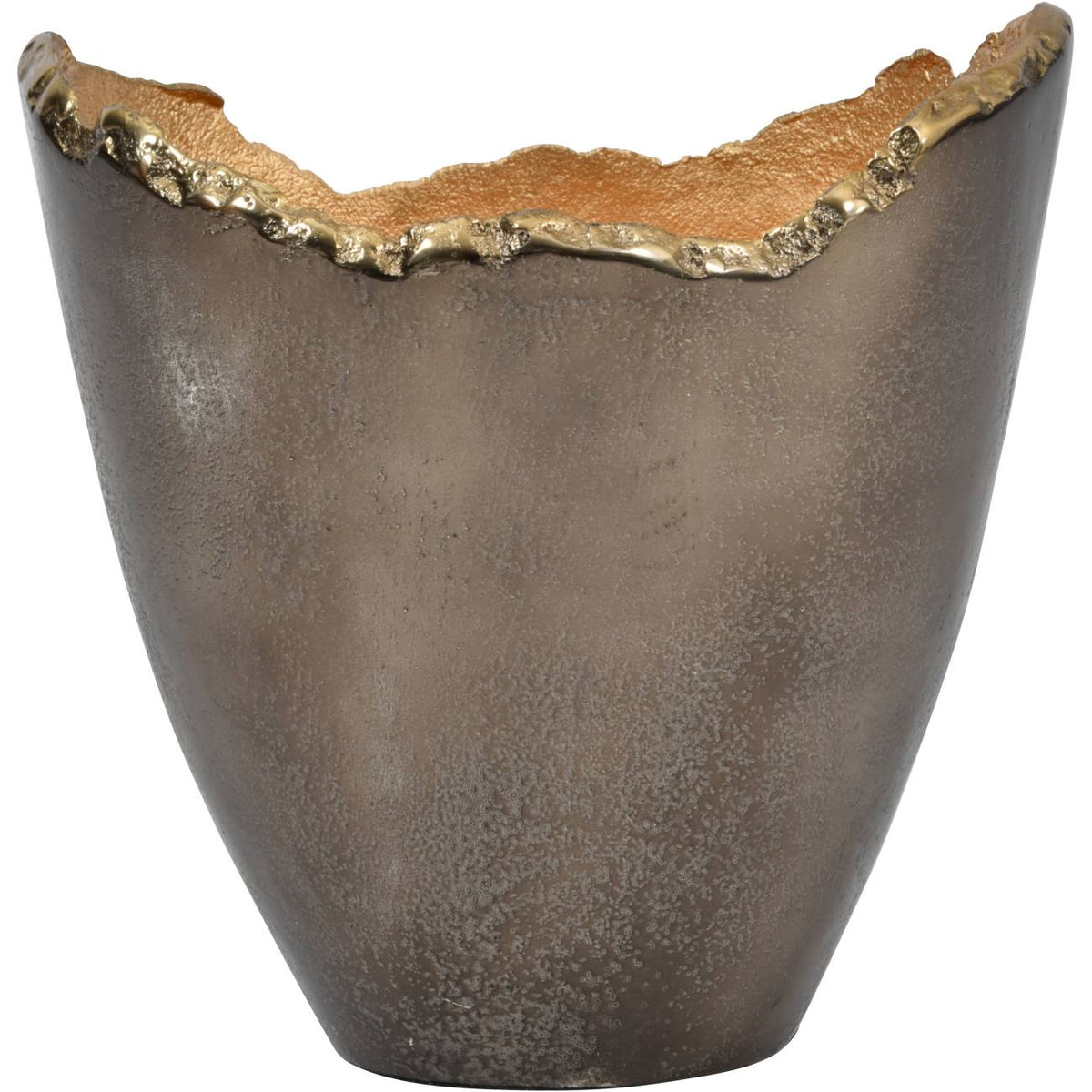 Front view of the bronze vase with a tapered base and uneven gold-coloured rim dipping at the centre.