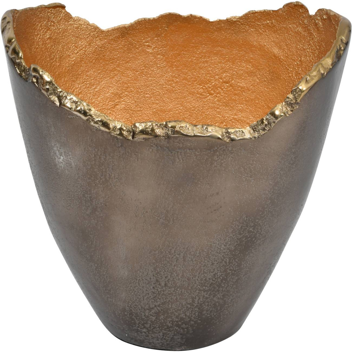 Elevated view of the vase showing its broad opening, gold-coloured interior and textured bronze exterior.