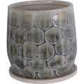 Small Azure Scale planter viewed from the front, showing rounded patterned sides and a sand-coloured ceramic base.
