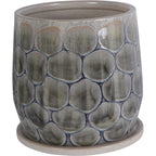 Small Azure Scale planter viewed from the front, showing rounded patterned sides and a sand-coloured ceramic base.