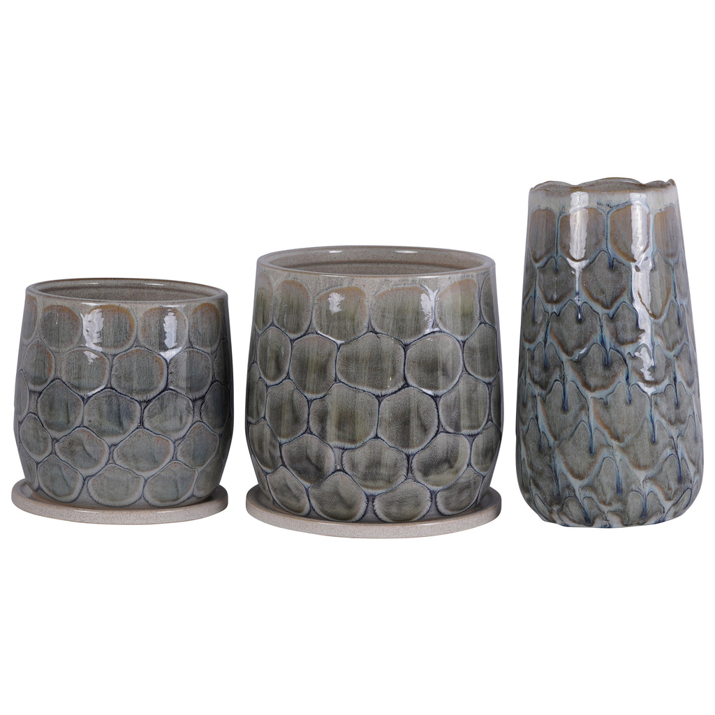 Small Azure Scale planter at left beside a separate larger planter and tall vase, all shown against a white background.