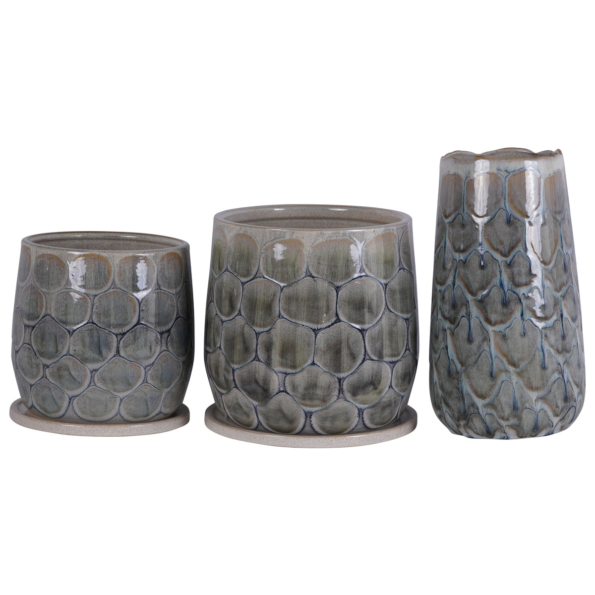 Small Azure Scale planter at left beside a separate larger planter and tall vase, all shown against a white background.