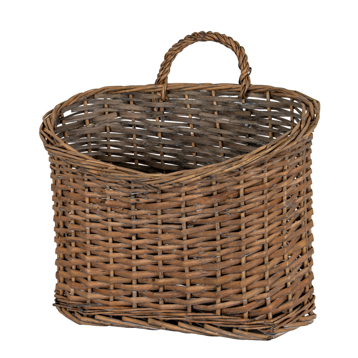 Empty brown woven basket viewed from above the front, showing its curved front rim, taller back and central arched loop against a white background.