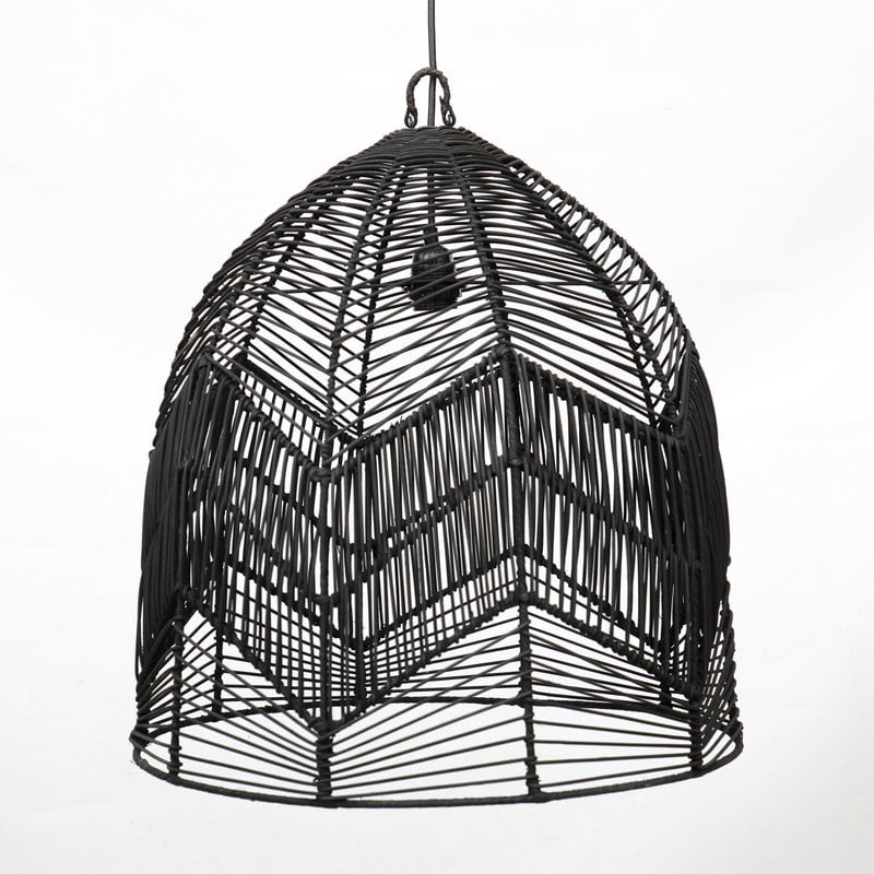 Black rattan Bala pendant with a geometric chevron weave and dome shape.