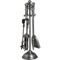 Ball & Pedestal Fireplace Tool Set with tongs at the front, a pointed poker and shovel to the right, and ball-topped handles above a round base.