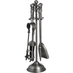 Ball & Pedestal Fireplace Tool Set with tongs at the front, a pointed poker and shovel to the right, and ball-topped handles above a round base.
