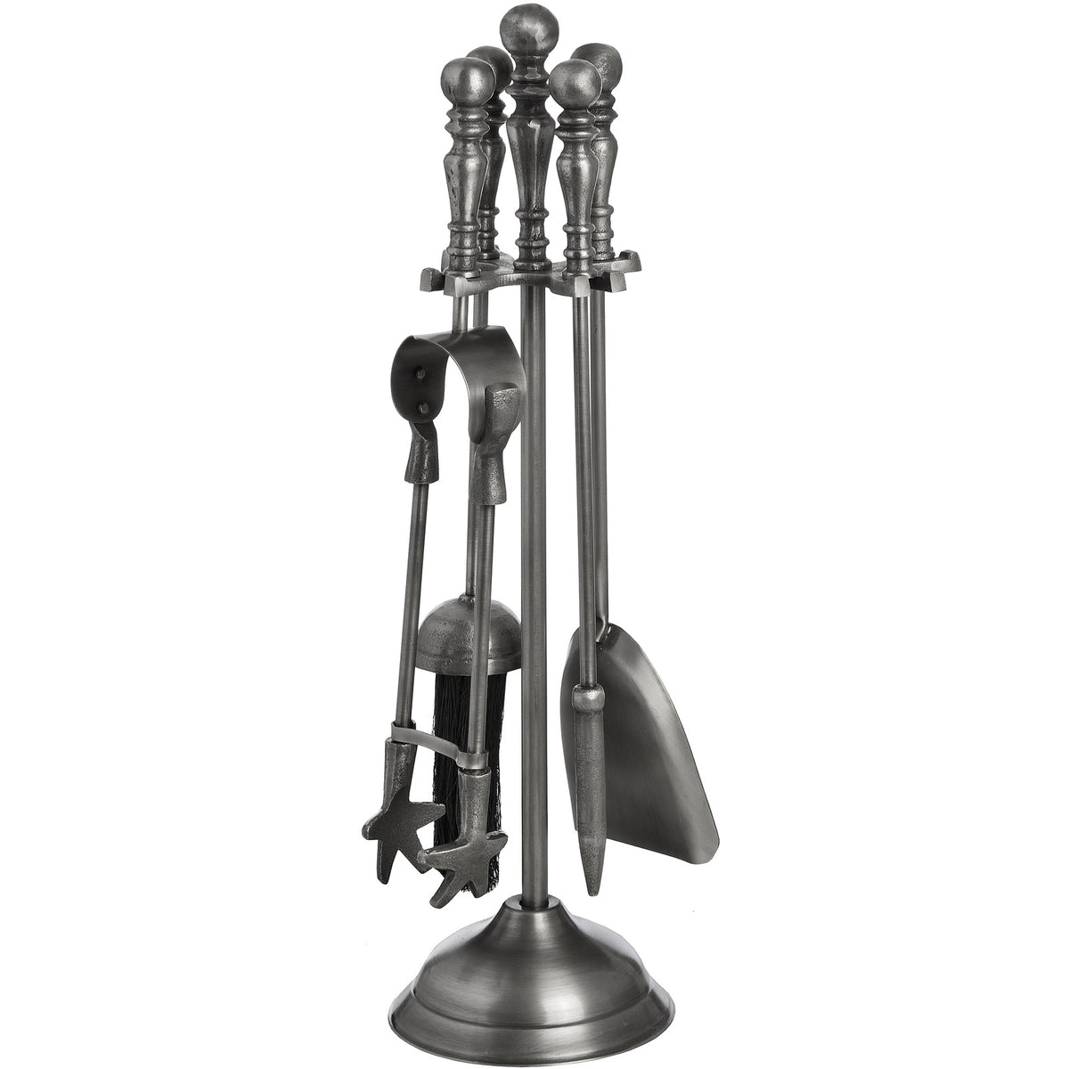 Ball & Pedestal Fireplace Tool Set with tongs at the front, a pointed poker and shovel to the right, and ball-topped handles above a round base.