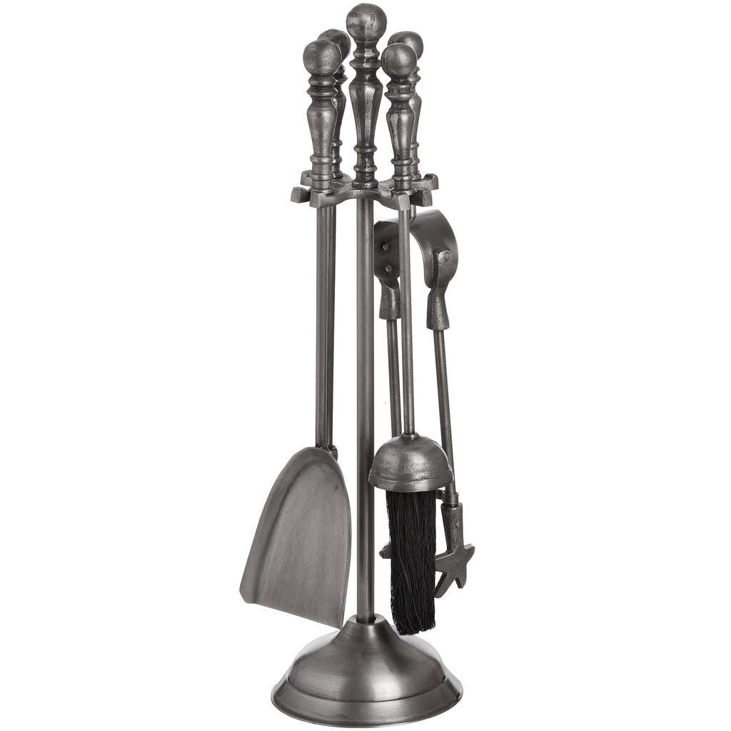 Alternate view of the fireplace tool set showing the broad shovel on the left and black-bristled brush on the right beneath sculpted metallic handles.
