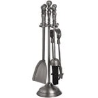 Alternate view of the fireplace tool set showing the broad shovel on the left and black-bristled brush on the right beneath sculpted metallic handles.