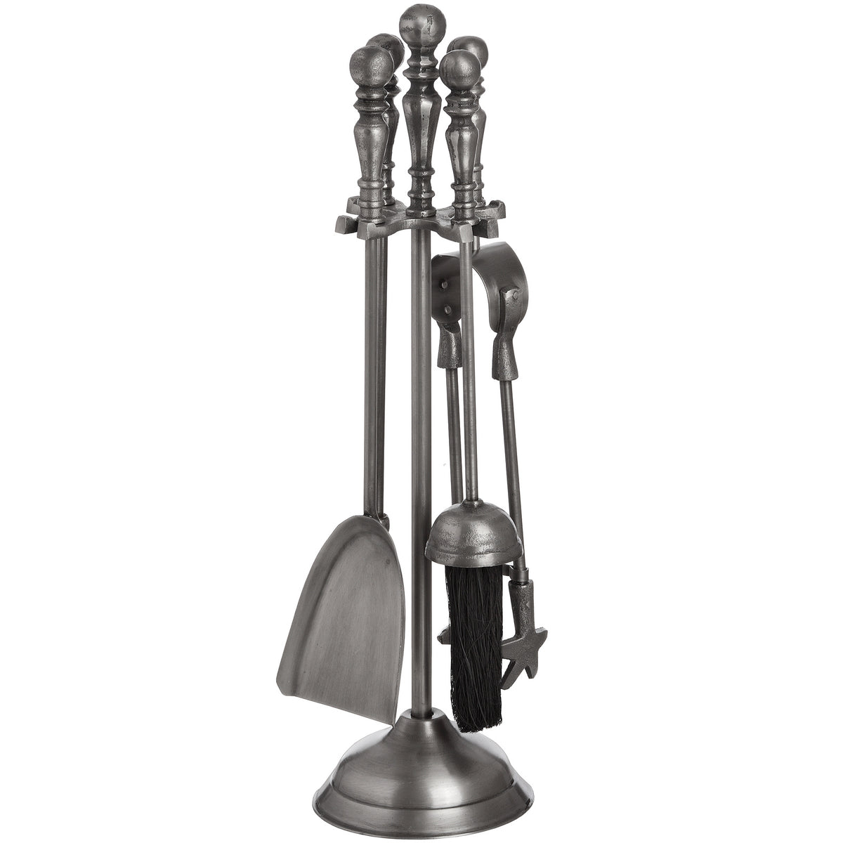 Alternate view of the fireplace tool set showing the broad shovel on the left and black-bristled brush on the right beneath sculpted metallic handles.