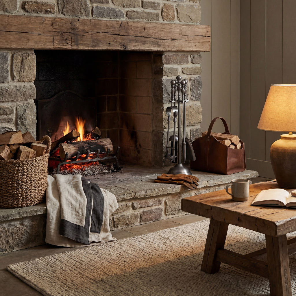 Ball & Pedestal Fireplace Tool Set on a stone hearth beside a lit fireplace and brown log carrier, with a wooden mantel and coffee table.