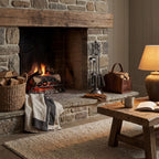 Ball & Pedestal Fireplace Tool Set on a stone hearth beside a lit fireplace and brown log carrier, with a wooden mantel and coffee table.