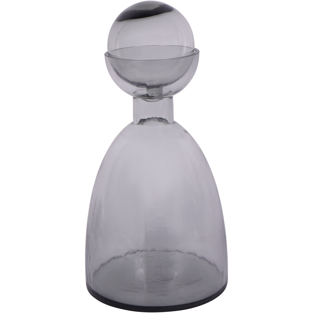 Smoky grey glass bottle vase with its ball top in place, shown upright against a white background.
