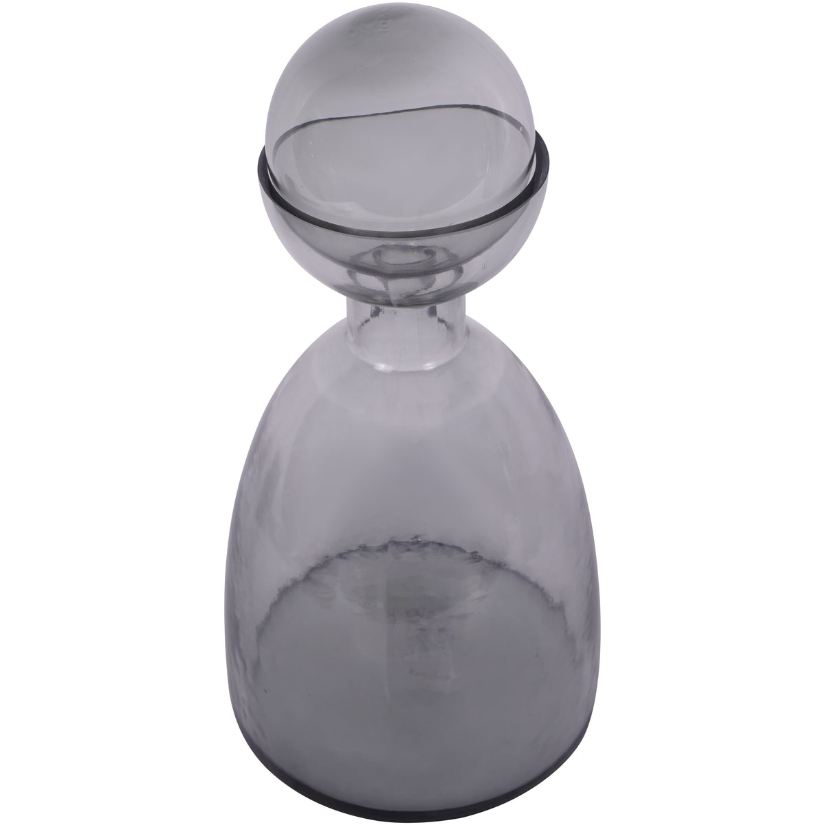 Elevated view of the grey glass vase, showing the ball seated within the curved rim above the short neck.