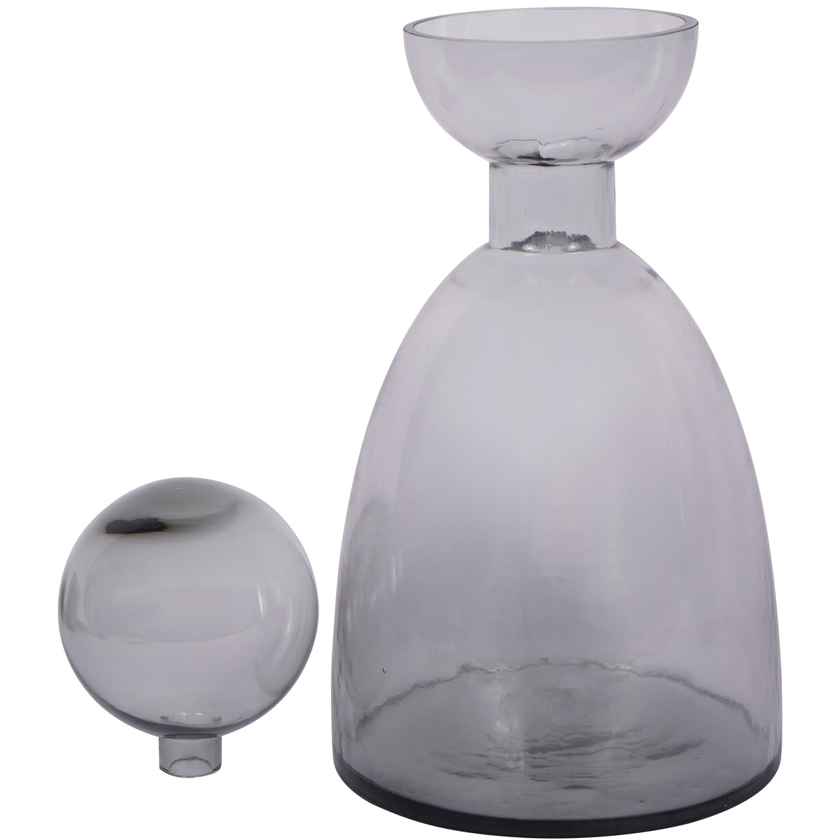 Grey glass bottle vase with its ball removed and placed beside it, revealing the open, bowl-shaped rim.