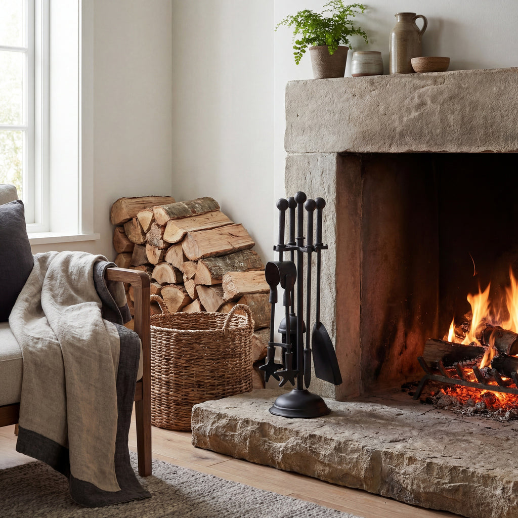 Black fireside companion set on a pale stone hearth beside a lit fireplace, with stacked logs, a woven basket and a chair draped with throws nearby.