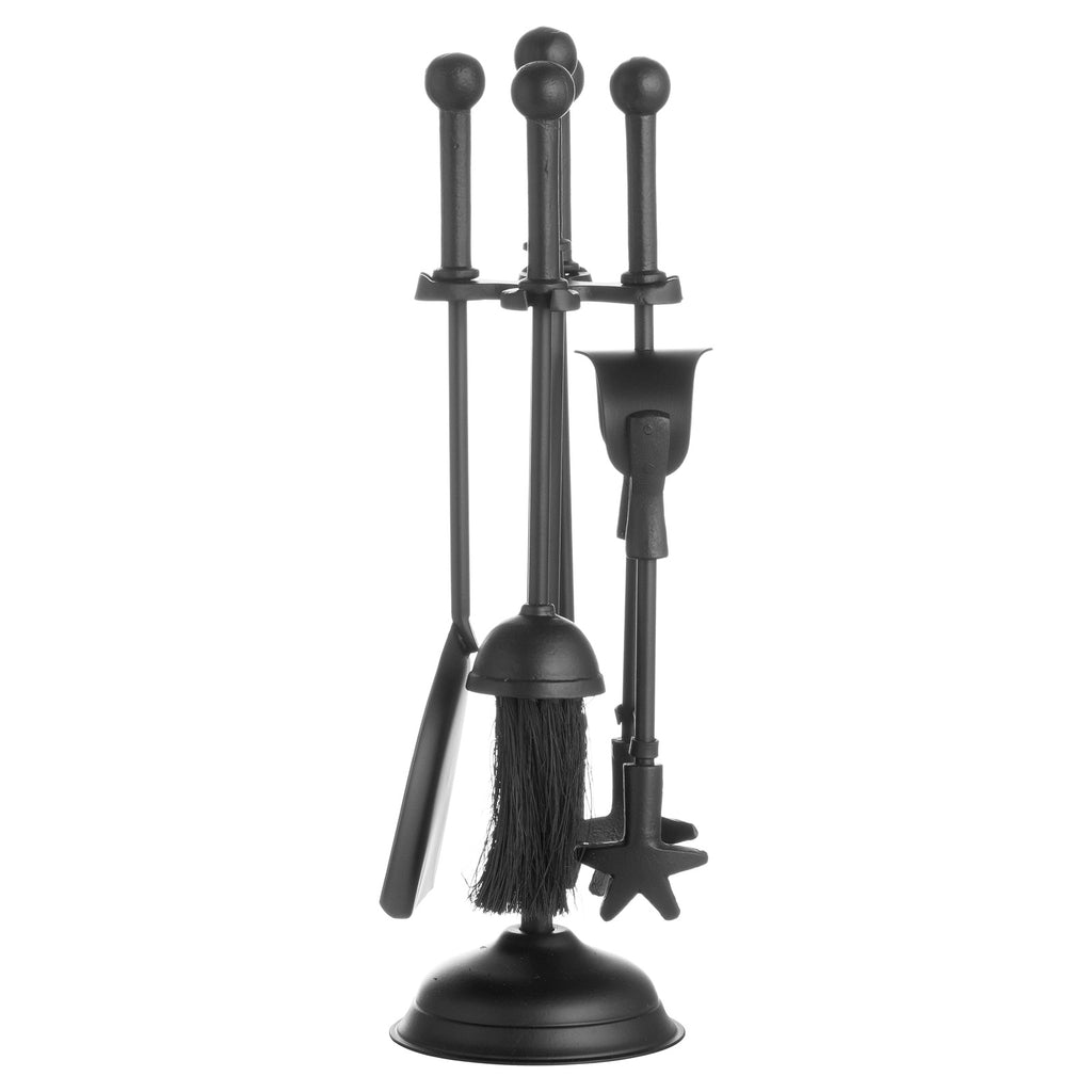 Alternate view of the black fireside companion set showing the hanging brush at the centre, the shovel to the left and the round pedestal base.