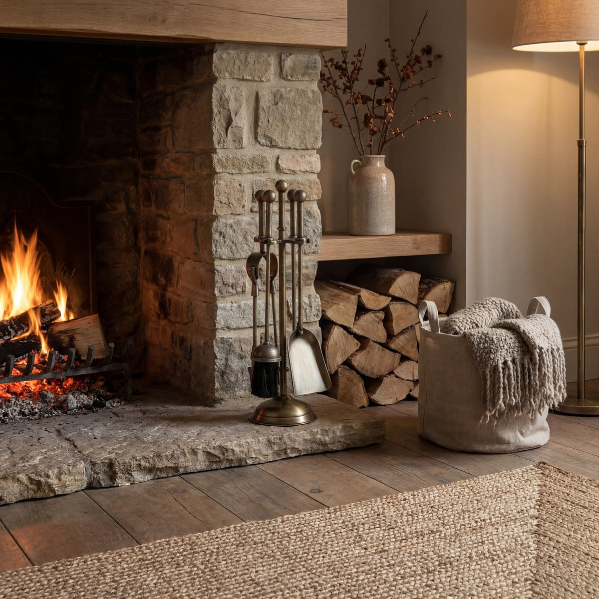 Yellow-brown fireside companion set on a stone hearth beside a lit fireplace, with stacked logs, a vase of branches and a basket holding a knitted throw nearby.