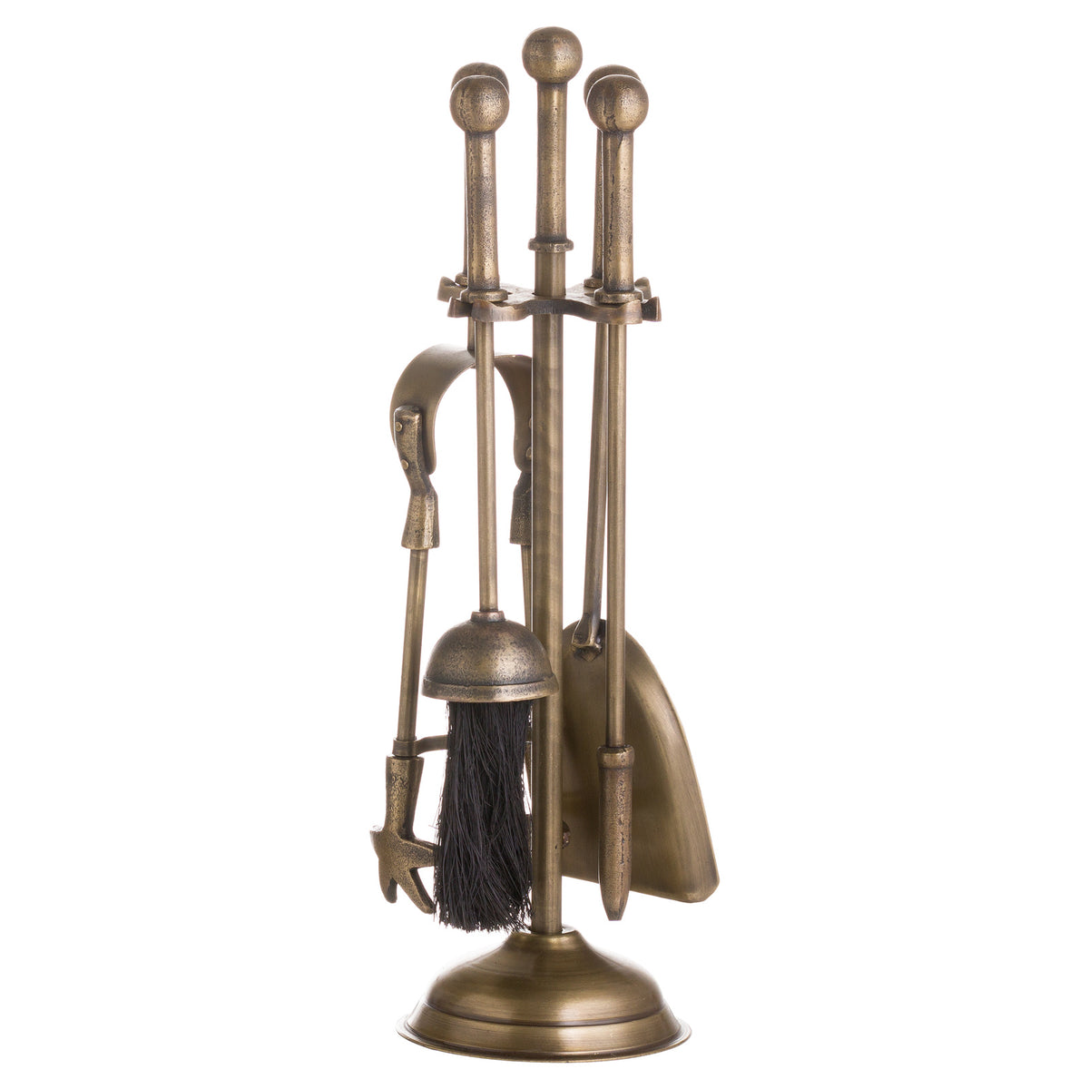 Yellow-brown fireside companion set on a white background, with ball finials, a wavy rail, black-bristled brush, shovel, poker and tongs arranged around a round stand.