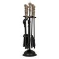 Full view of a black fireplace tool rack with hanging tools, a domed round base and reflective silver-toned ball finials against white.