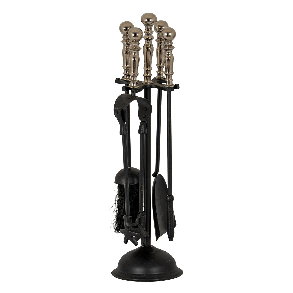 Full view of a black fireplace tool rack with hanging tools, a domed round base and reflective silver-toned ball finials against white.